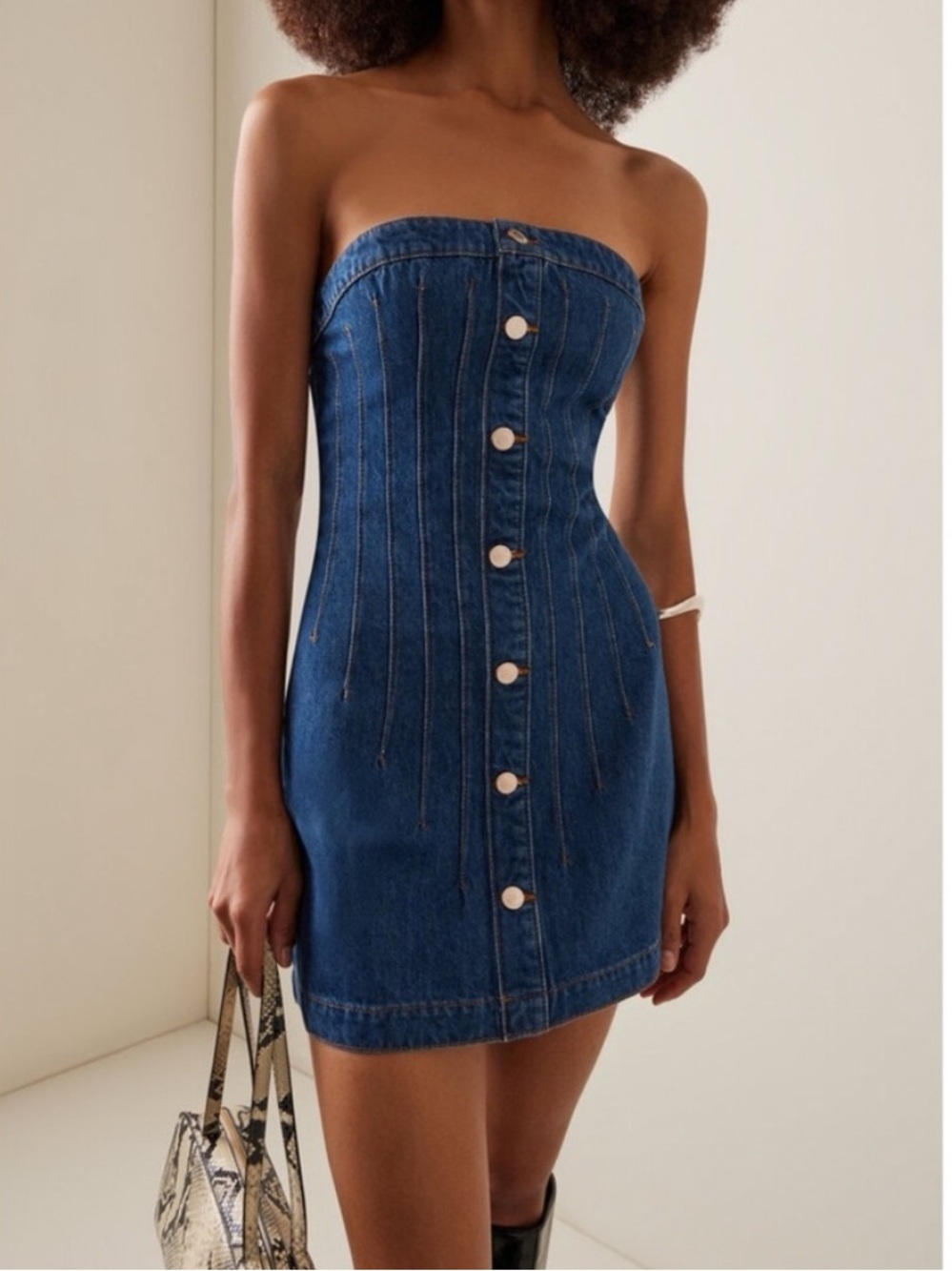 Triarchy Victoria Strapless Blue Denim Button-Front Mini Corset Dress
